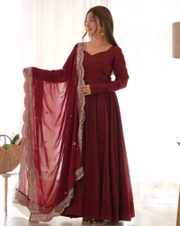 Azorte Fashion Premium Roman Silk Chanderi Anarkali Set – 16-Kali Flair, Embroidered Dupatta & Stitched Pants - Espresso, M (38)