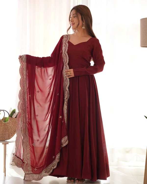 Azorte Fashion Premium Roman Silk Chanderi Anarkali Set – 16-Kali Flair, Embroidered Dupatta & Stitched Pants - Espresso, M (38)
