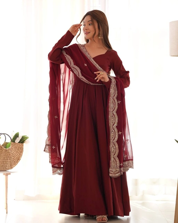 Azorte Fashion Premium Roman Silk Chanderi Anarkali Set – 16-Kali Flair, Embroidered Dupatta & Stitched Pants - Espresso, M (38)