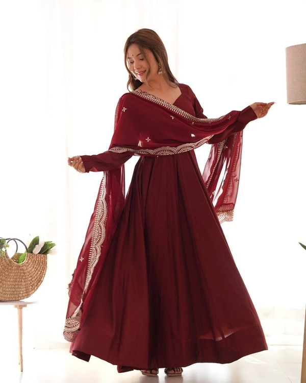 Azorte Fashion Premium Roman Silk Chanderi Anarkali Set – 16-Kali Flair, Embroidered Dupatta & Stitched Pants - Espresso, M (38)