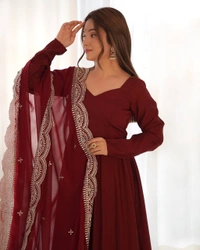 Azorte Fashion Premium Roman Silk Chanderi Anarkali Set – 16-Kali Flair, Embroidered Dupatta & Stitched Pants - Espresso, M (38)