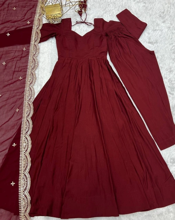 Azorte Fashion Premium Roman Silk Chanderi Anarkali Set – 16-Kali Flair, Embroidered Dupatta & Stitched Pants - Espresso, M (38)