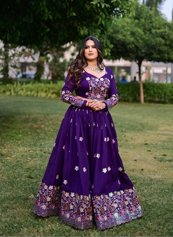 Azorte Fashion Festive Chinon Embroidered Lehenga Choli – 3.5m Flair & Dupatta - XL