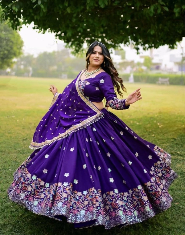 Azorte Fashion Festive Chinon Embroidered Lehenga Choli – 3.5m Flair & Dupatta - XL