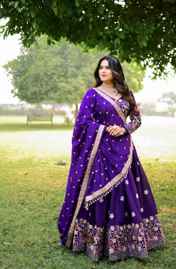 Azorte Fashion Festive Chinon Embroidered Lehenga Choli – 3.5m Flair & Dupatta - XL