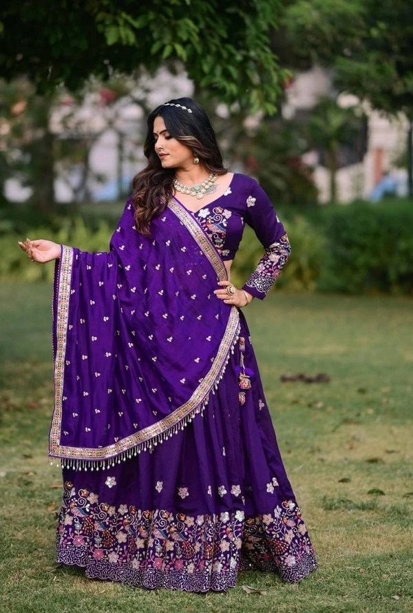 Azorte Fashion Festive Chinon Embroidered Lehenga Choli – 3.5m Flair & Dupatta - XL
