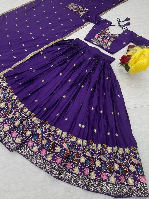 Azorte Fashion Festive Chinon Embroidered Lehenga Choli – 3.5m Flair & Dupatta - XL