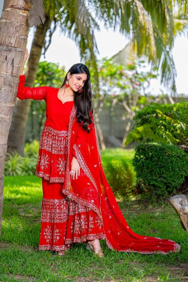 Azorte Fashion Designer Embroidered Party Wear Top & Sharara – Fox Georgette, Fully Stitched - Guardsman Red, XL Upto XXL