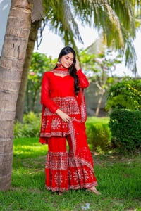 Azorte Fashion Designer Embroidered Party Wear Top & Sharara – Fox Georgette, Fully Stitched - Guardsman Red, XL Upto XXL
