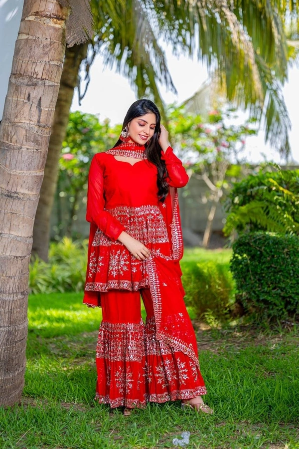 Azorte Fashion Designer Embroidered Party Wear Top & Sharara – Fox Georgette, Fully Stitched - Guardsman Red, XL Upto XXL