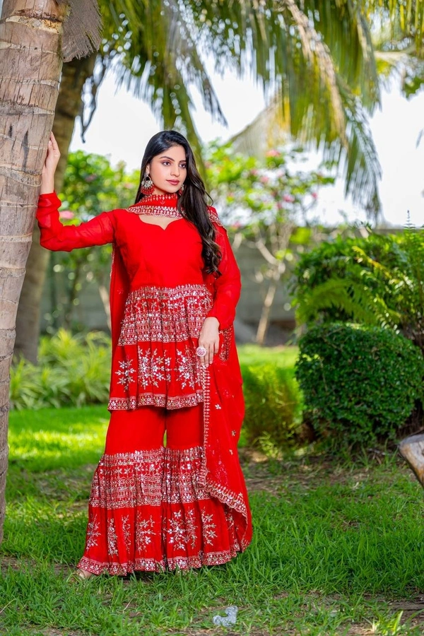 Azorte Fashion Designer Embroidered Party Wear Top & Sharara – Fox Georgette, Fully Stitched - Guardsman Red, XL Upto XXL