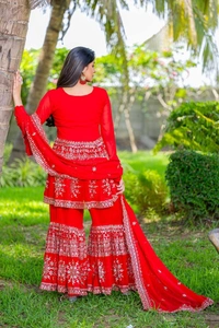 Azorte Fashion Designer Embroidered Party Wear Top & Sharara – Fox Georgette, Fully Stitched - Guardsman Red, XL Upto XXL