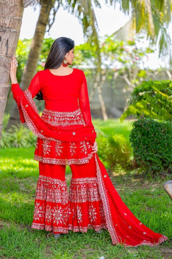 Azorte Fashion Designer Embroidered Party Wear Top & Sharara – Fox Georgette, Fully Stitched - Guardsman Red, XL Upto XXL