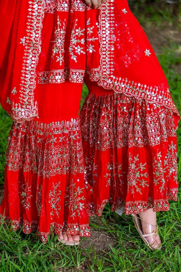 Azorte Fashion Designer Embroidered Party Wear Top & Sharara – Fox Georgette, Fully Stitched - Guardsman Red, XL Upto XXL