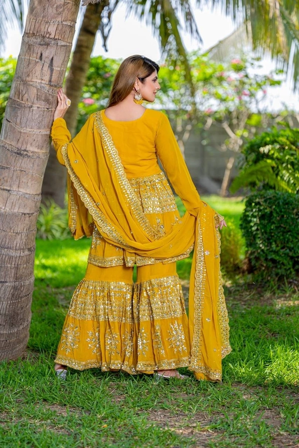 Azorte Fashion Designer Embroidered Party Wear Top & Sharara – Fox Georgette, Fully Stitched - Pirate Gold, M Upto L