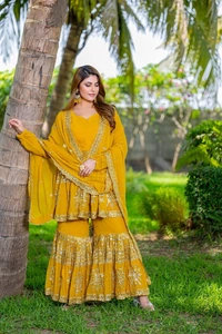 Azorte Fashion Designer Embroidered Party Wear Top & Sharara – Fox Georgette, Fully Stitched - Pirate Gold, M Upto L