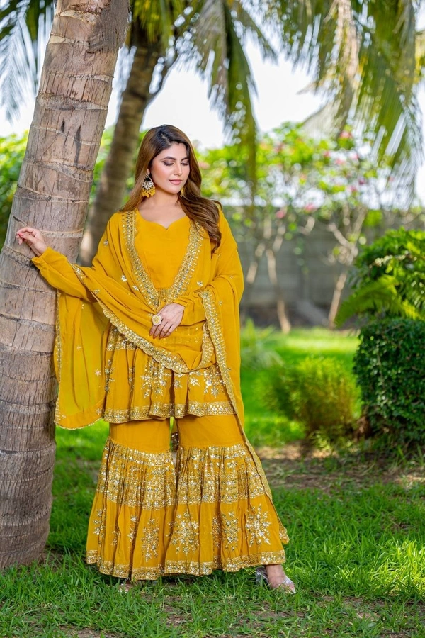 Azorte Fashion Designer Embroidered Party Wear Top & Sharara – Fox Georgette, Fully Stitched - Pirate Gold, M Upto L