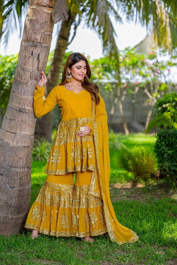 Azorte Fashion Designer Embroidered Party Wear Top & Sharara – Fox Georgette, Fully Stitched - Pirate Gold, M Upto L