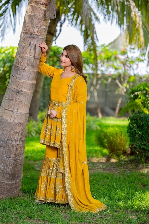 Azorte Fashion Designer Embroidered Party Wear Top & Sharara – Fox Georgette, Fully Stitched - Pirate Gold, M Upto L
