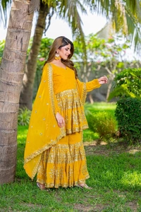 Azorte Fashion Designer Embroidered Party Wear Top & Sharara – Fox Georgette, Fully Stitched - Pirate Gold, M Upto L