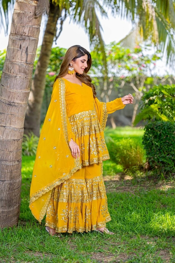 Azorte Fashion Designer Embroidered Party Wear Top & Sharara – Fox Georgette, Fully Stitched - Pirate Gold, M Upto L