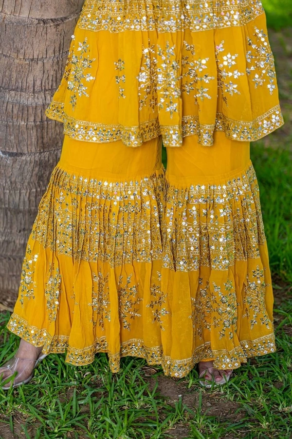 Azorte Fashion Designer Embroidered Party Wear Top & Sharara – Fox Georgette, Fully Stitched - Pirate Gold, M Upto L