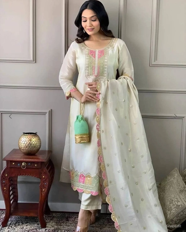 Azorte Fashion Designer Roman Silk Party Wear Kurti Set – Embroidered Outfit with Fancy Dupatta - L (40)