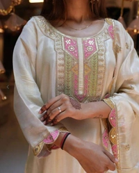 Azorte Fashion Designer Roman Silk Party Wear Kurti Set – Embroidered Outfit with Fancy Dupatta - L (40)