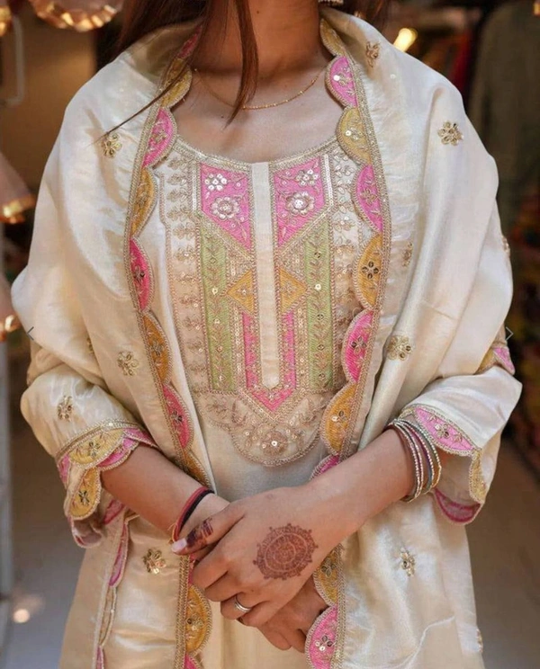 Azorte Fashion Designer Roman Silk Party Wear Kurti Set – Embroidered Outfit with Fancy Dupatta - L (40)