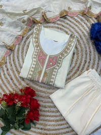 Azorte Fashion Designer Roman Silk Party Wear Kurti Set – Embroidered Outfit with Fancy Dupatta - L (40)