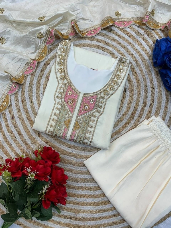 Azorte Fashion Designer Roman Silk Party Wear Kurti Set – Embroidered Outfit with Fancy Dupatta - L (40)