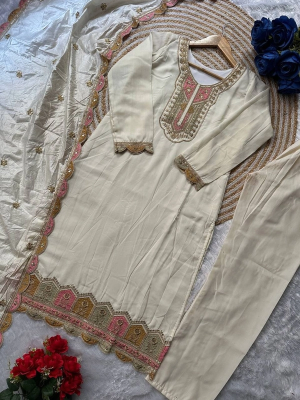 Azorte Fashion Designer Roman Silk Party Wear Kurti Set – Embroidered Outfit with Fancy Dupatta - L (40)