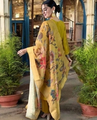 Azorte Fashion Luxury Roman Silk Embroidered Kurti Set – Jacquard Digital Print Dupatta - XL (42)