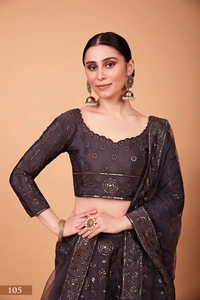 Azorte Fashion Luxury Heavy Tebi Silk Lehenga Set – 4m Flair, Embroidered Blouse & Net Dupatta - Unstitched Blouse, Semi Stitched Lehenga