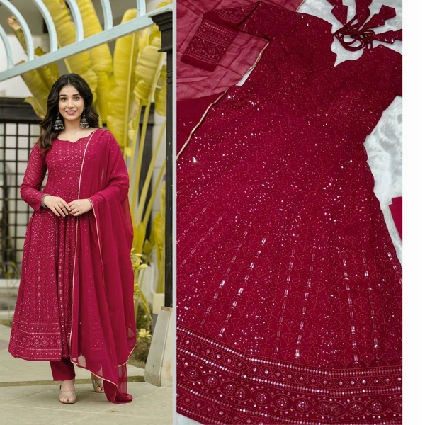 Azorte Fashion Premium Maroon Anarkali Suit Set | Kali-Cut Georgette | Azorte Fashion - Maroon, XXXL