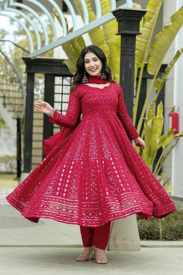 Azorte Fashion Premium Maroon Anarkali Suit Set | Kali-Cut Georgette | Azorte Fashion - Maroon, XXXL