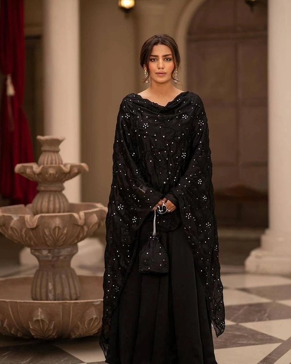 Azorte Fashion Premium ReadyMade Embroidered Suit Set | 4.5M Flair | Azorte Fashion - Black, XXL
