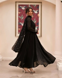 Azorte Fashion Premium ReadyMade Embroidered Suit Set | 4.5M Flair | Azorte Fashion - Black, XXL