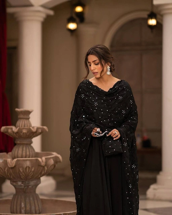 Azorte Fashion Premium ReadyMade Embroidered Suit Set | 4.5M Flair | Azorte Fashion - Black, XXL