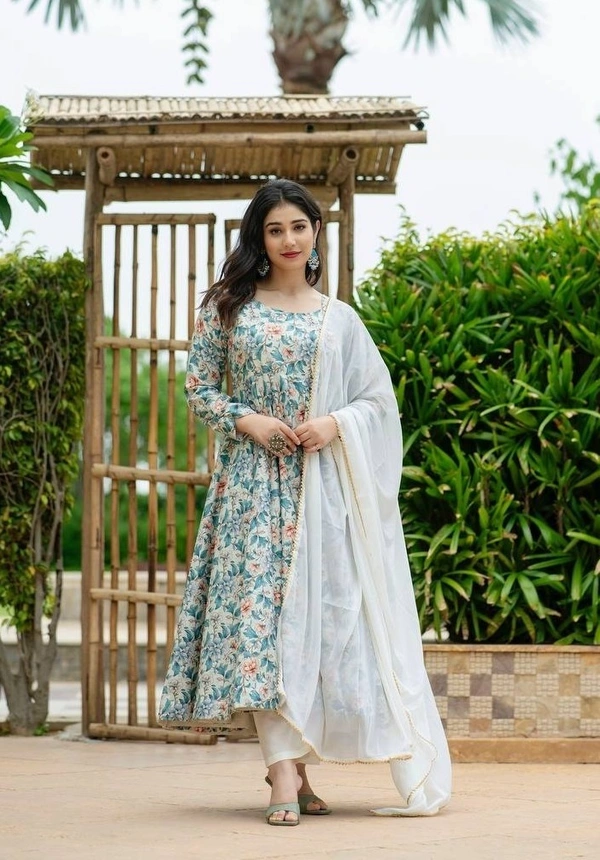 Azorte Fashion Premium Maslin Gown Pant Set | Corset Print & Georgette Dupatta | Malti - L