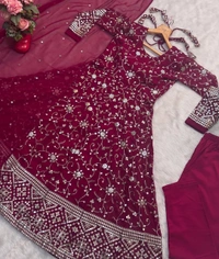 Azorte Fashion Premium Kali-Cut Anarkali Suit | 9mm Sequins & Thread Work | Dark Pink - Dark Pink, M
