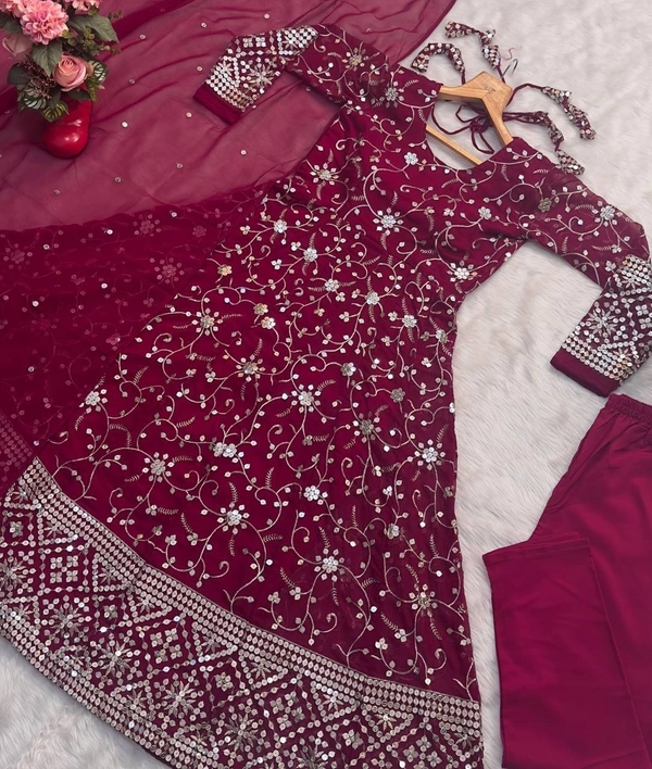 Azorte Fashion Premium Kali-Cut Anarkali Suit | 9mm Sequins & Thread Work | Dark Pink - Dark Pink, M