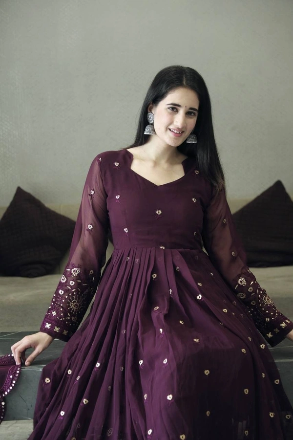 Azorte Fashion Embroidered Anarkali Suit | Faux Georgette & Multi-Work | Ready to Wear - Cedar, XS