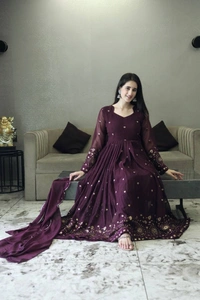 Azorte Fashion Embroidered Anarkali Suit | Faux Georgette & Multi-Work | Ready to Wear - Cedar, XS