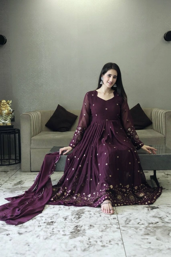 Azorte Fashion Embroidered Anarkali Suit | Faux Georgette & Multi-Work | Ready to Wear - Cedar, XS