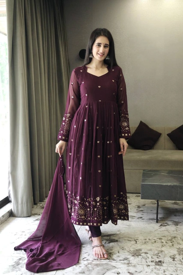 Azorte Fashion Embroidered Anarkali Suit | Faux Georgette & Multi-Work | Ready to Wear - Cedar, XS
