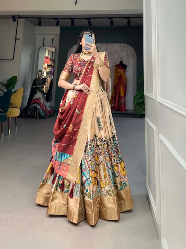 Azorte Fashion Buy Designer Lehenga Choli | Dola Silk & Kalamkari Print | Festive & Wedding Wear - Corvette, Unstitched Blouse