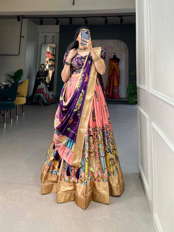 Azorte Fashion Buy Designer Lehenga Choli | Dola Silk & Kalamkari Print | Festive & Wedding Wear - Tonys Pink, Unstitched Blouse