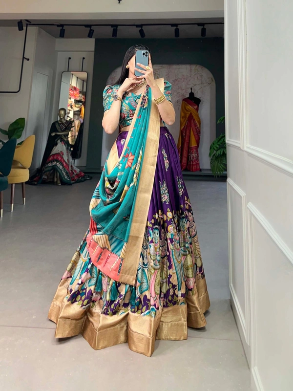 Azorte Fashion Buy Designer Lehenga Choli | Dola Silk & Kalamkari Print | Festive & Wedding Wear - Grape, Unstitched Blouse