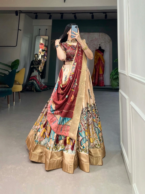 Azorte Fashion Buy Designer Lehenga Choli | Dola Silk & Kalamkari Print | Festive & Wedding Wear - Corvette, Unstitched Blouse